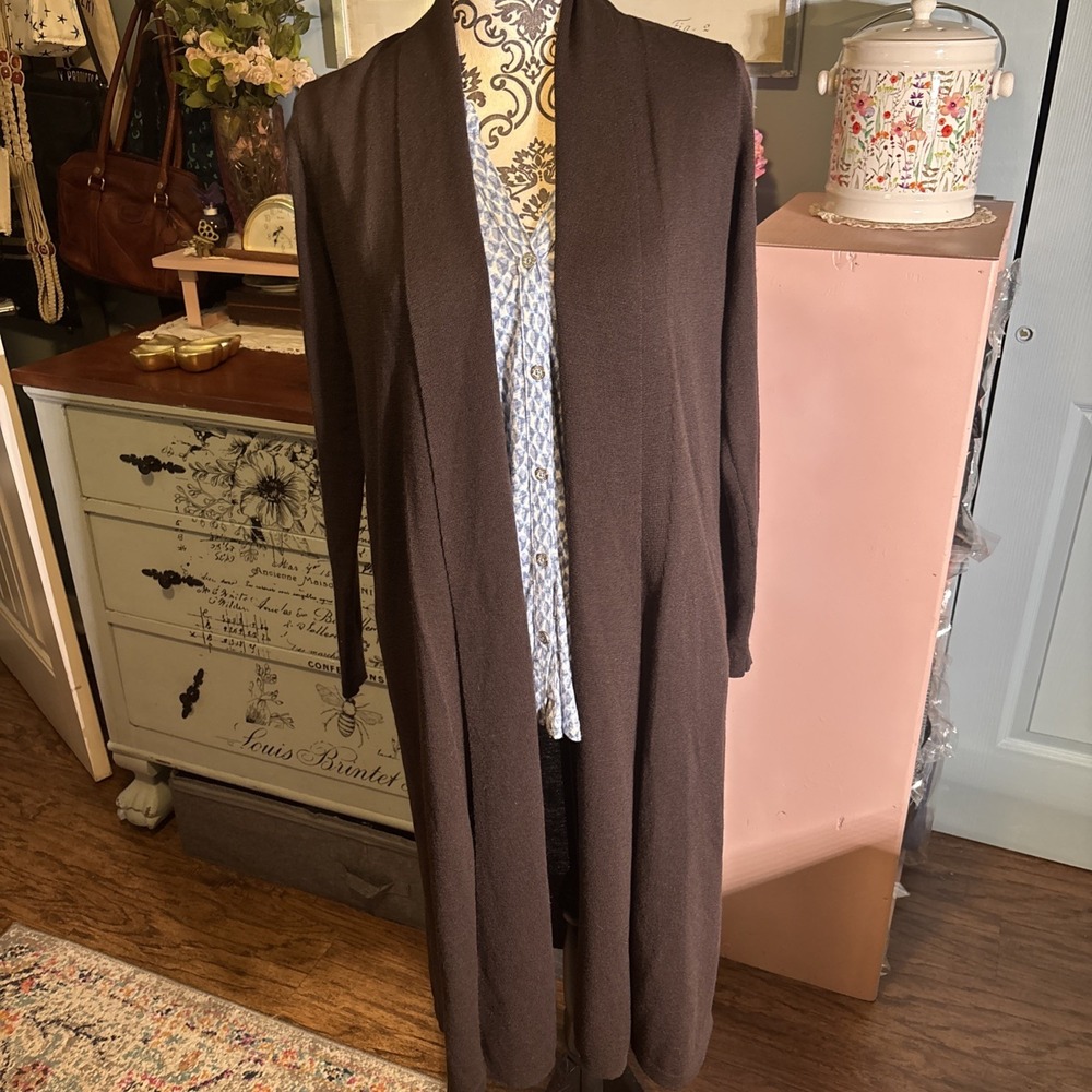 Eileen Fisher 100% Wool Long Open Sweater Duster Brown. Sz XS. Holes